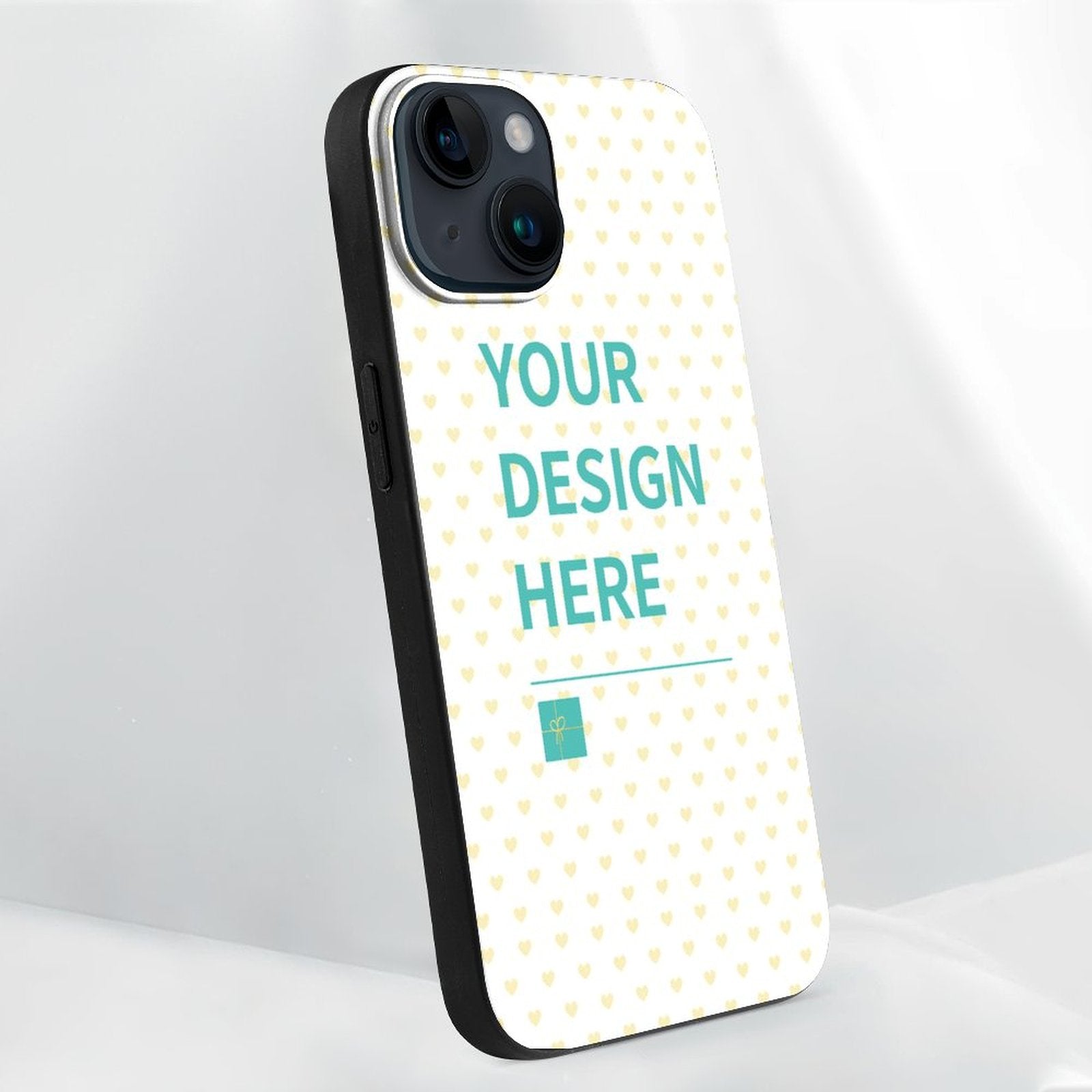 Custom iPhone 14 case with YOUR DESIGN HERE design, heart pattern, black bumper, protective TPU material, MyArtsyGift
