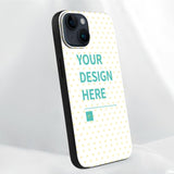 Custom iPhone 14 case with YOUR DESIGN HERE design, heart pattern, black bumper, protective TPU material, MyArtsyGift