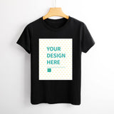 Custom black summer t-shirt with 'YOUR DESIGN HERE'. Round neck, short sleeves. Design your tee at MyArtsyGift.
