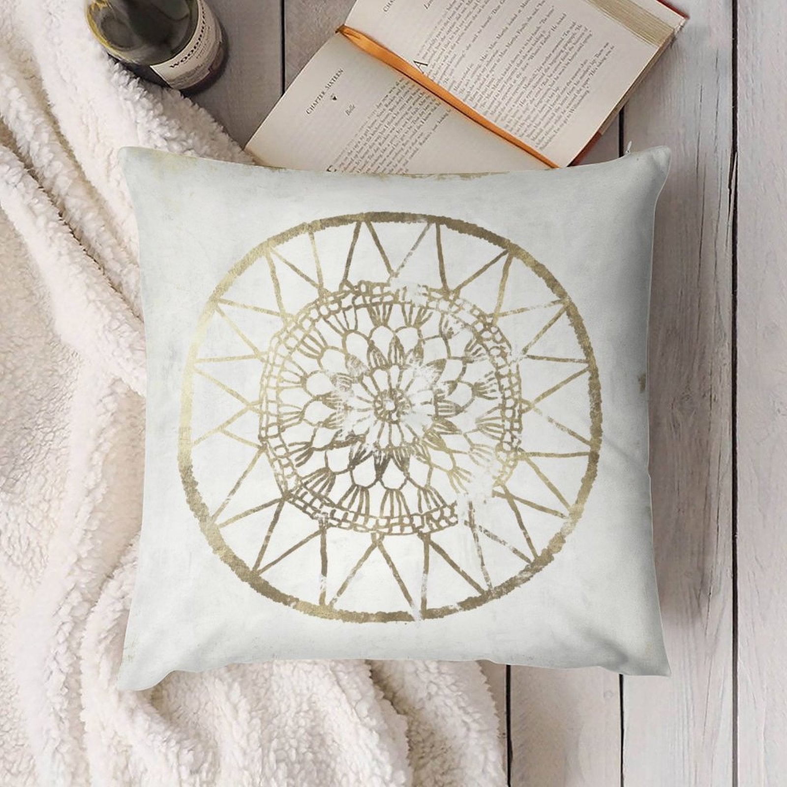 White throw pillow with gold mandala pattern, short plush fabric for sofa or couch decor, home living room
