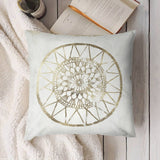 White throw pillow cover with gold geometric art, soft and fluffy design for sofa or couch