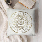 White plush pillow with gold mandala design, soft and durable for sofa, couch, living room, reading Belle.