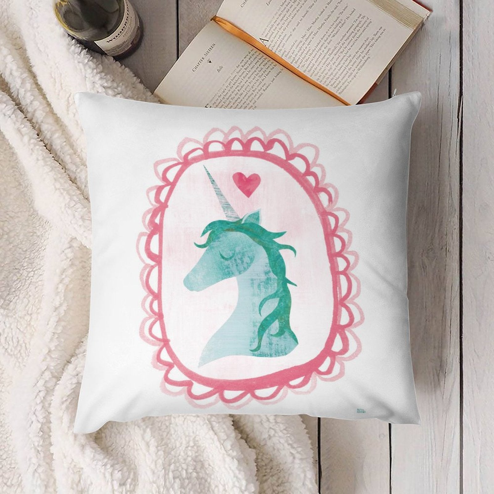 Unicorn throw pillow cover, short plush, home decor with pink unicorn design in a scalloped frame.