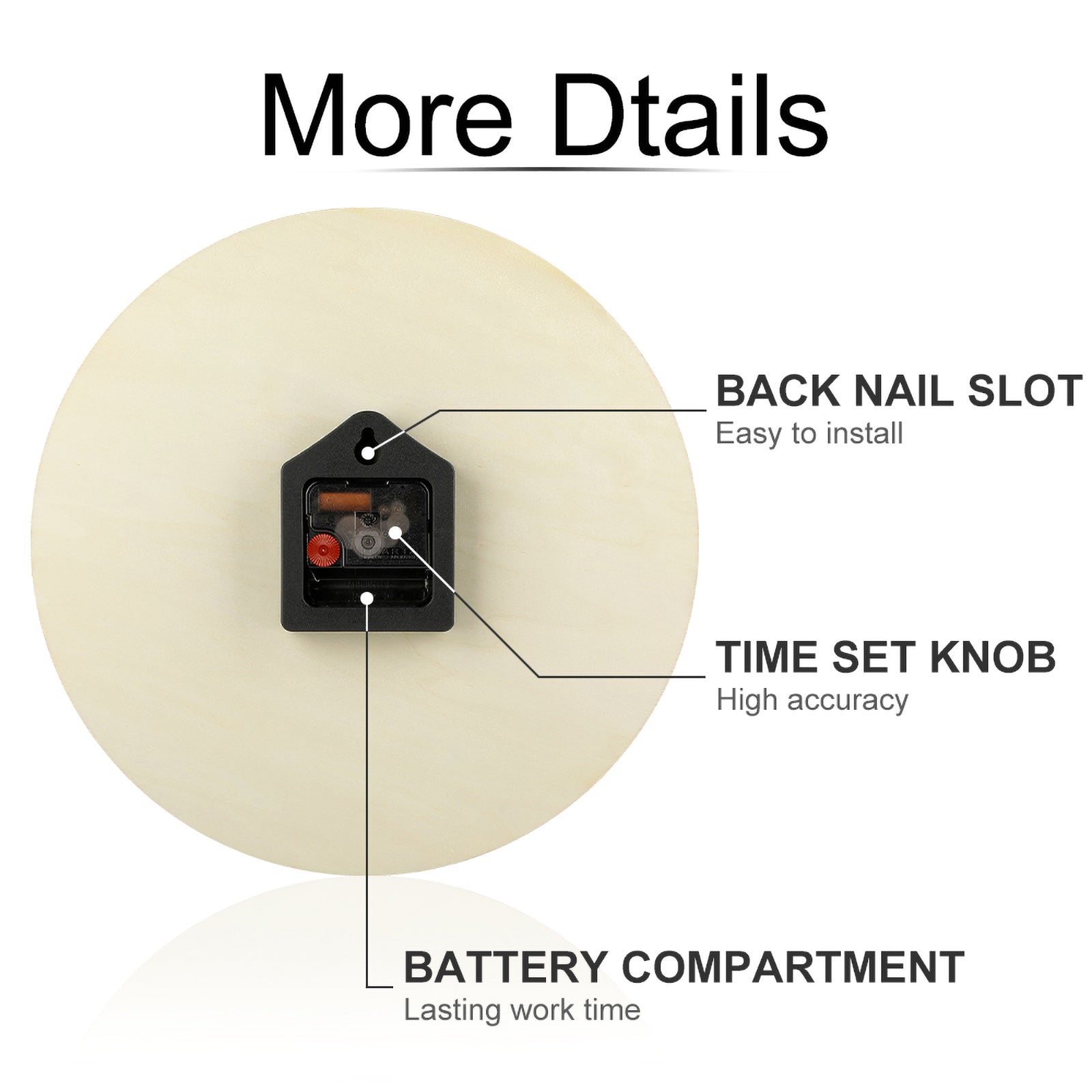 Wooden wall clock back detail showing nail slot, time set knob, and battery compartment. Custom round clock.