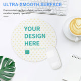 Custom round mouse pad with 'YOUR DESIGN HERE' text, waterproof design, smooth surface, perfect for office or gaming