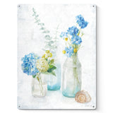 Beach Cottage Florals III Tin Sign, blue hydrangea flowers, made in USA, metal wall art