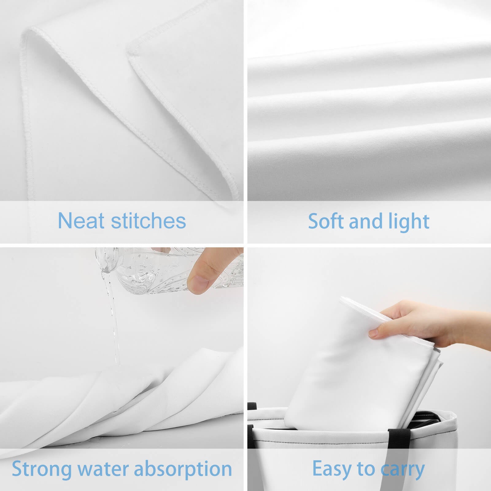 White beach towel features: soft and absorbent, easy to carry, a perfect custom beach accessory for adults