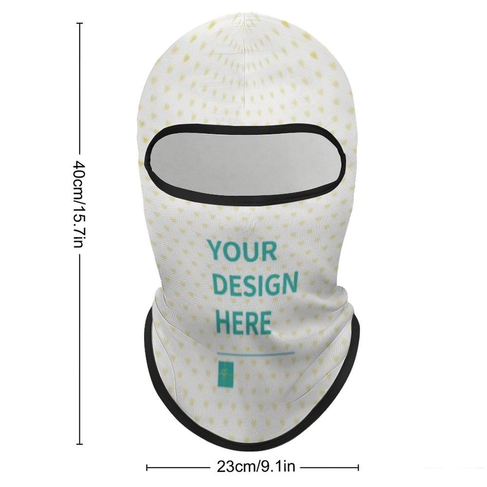 Customizable sun protection balaclava face mask with 'YOUR DESIGN HERE' text, white with yellow dots