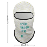 Customizable sun protection balaclava face mask with 'YOUR DESIGN HERE' text, white with yellow dots