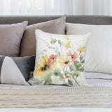 Watercolor floral pillow cover with sunflowers and a bee, short plush material for home decor.