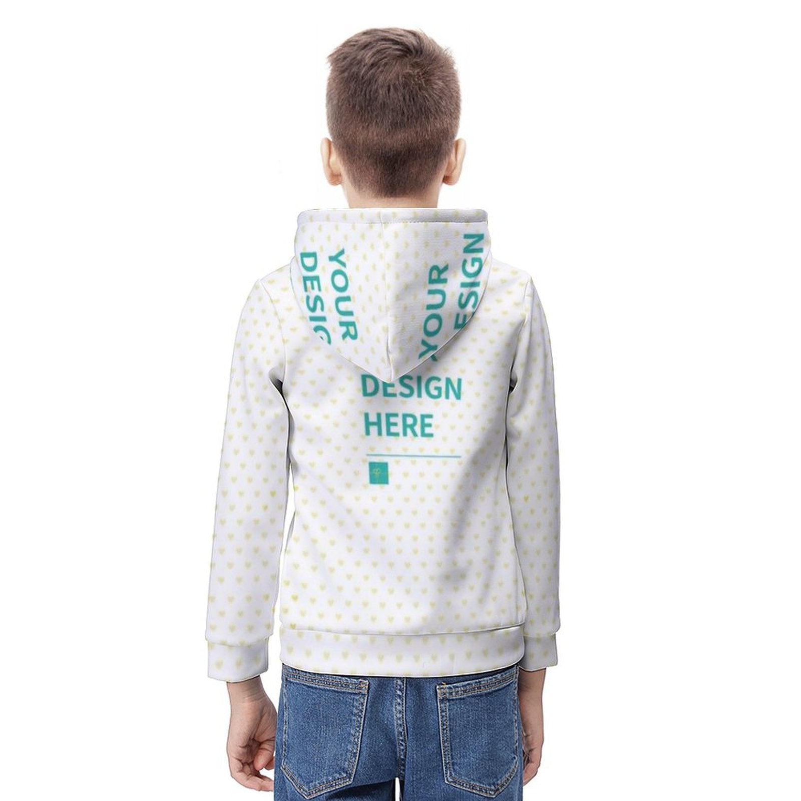 Customizable kids' hoodie with 'Design Here' text, white with heart pattern, back view.
