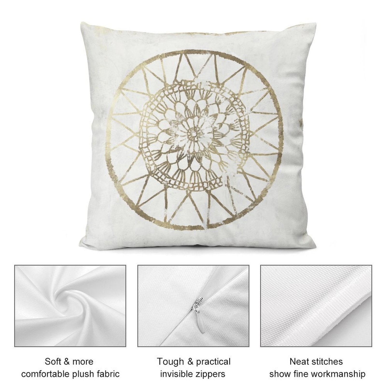 Gold mandala design pillow cover, soft plush fabric, invisible zipper, for sofa or couch