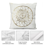 White plush pillow cover with gold mandala design, soft fabric and invisible zippers, perfect for sofa decor