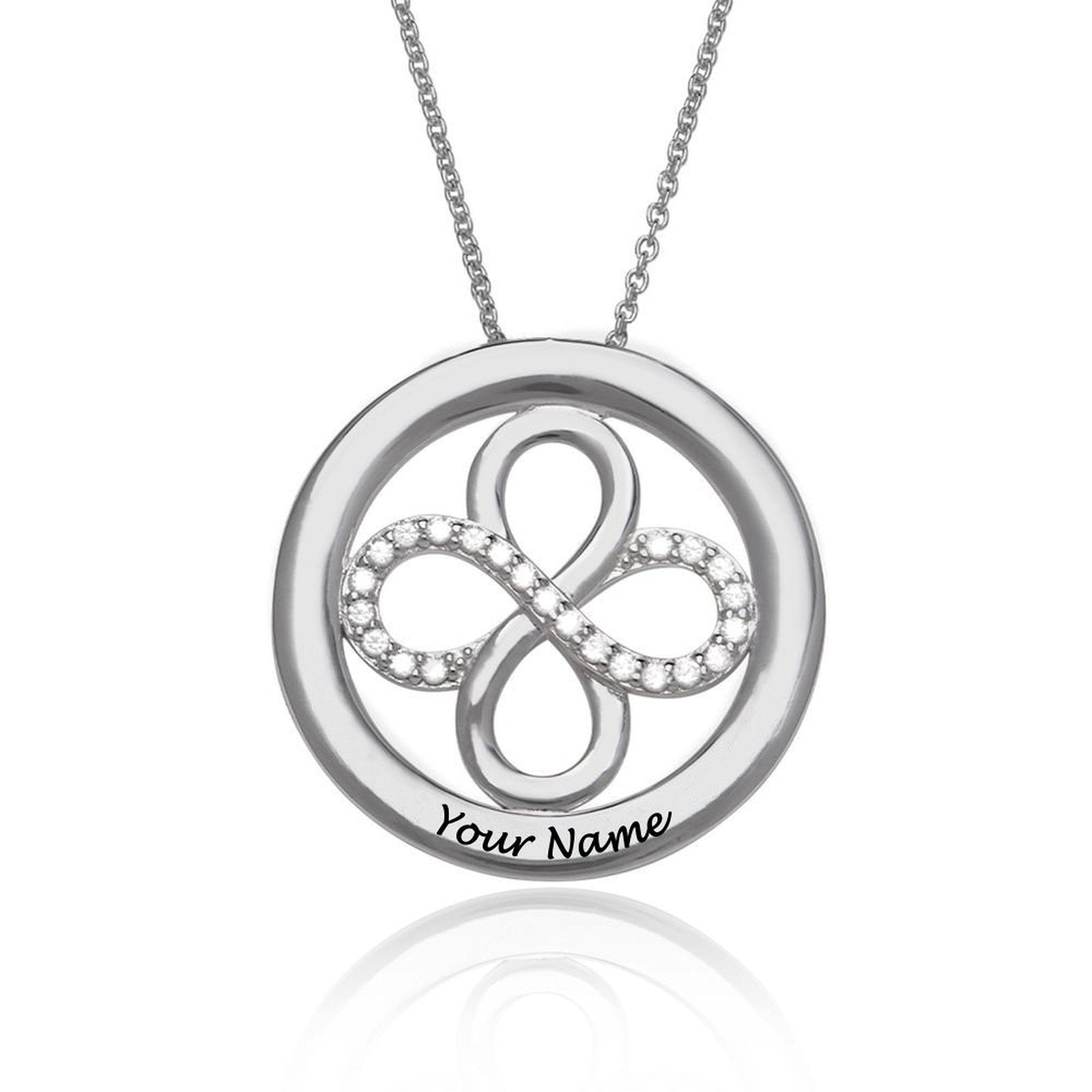 Personalized silver infinite necklace pendant engraved with 'Your Name', a custom gift for women.