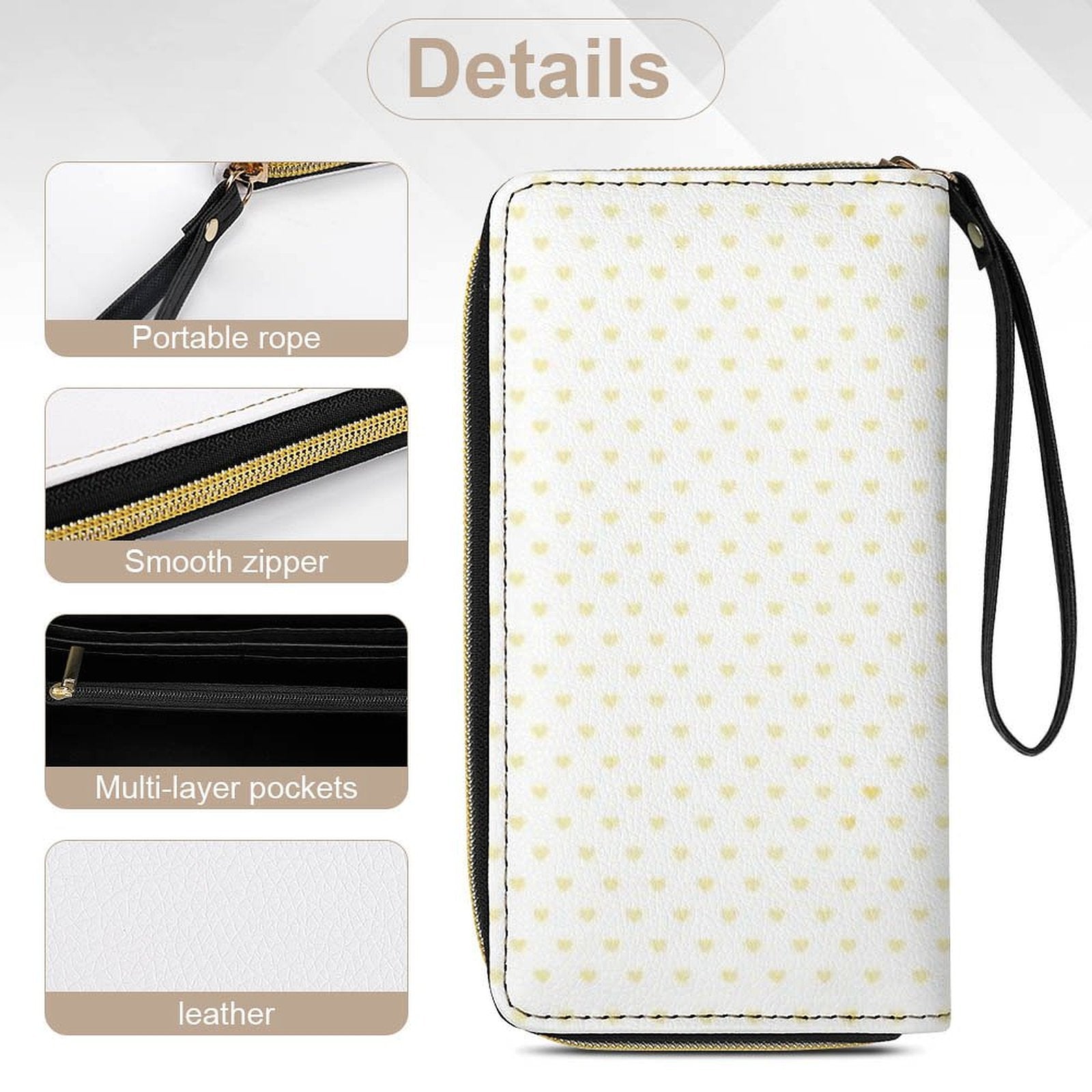 Personalized PU leather wristlet wallet, white with yellow hearts, portable rope, smooth zipper, card slots.