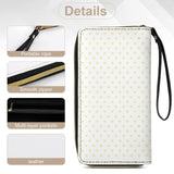 Personalized PU leather wristlet wallet, white with yellow hearts, portable rope, smooth zipper, card slots.