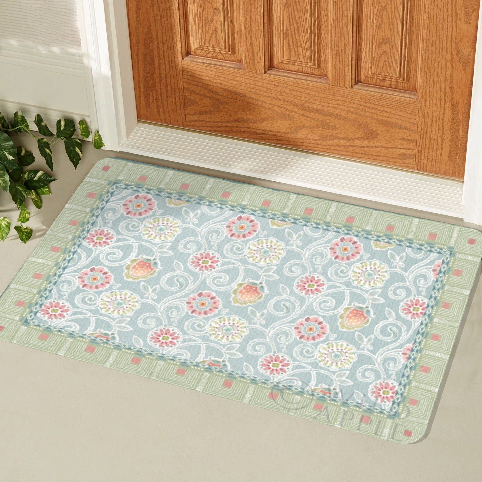 Floral design door mat for indoor/outdoor use, durable rubber floor mat