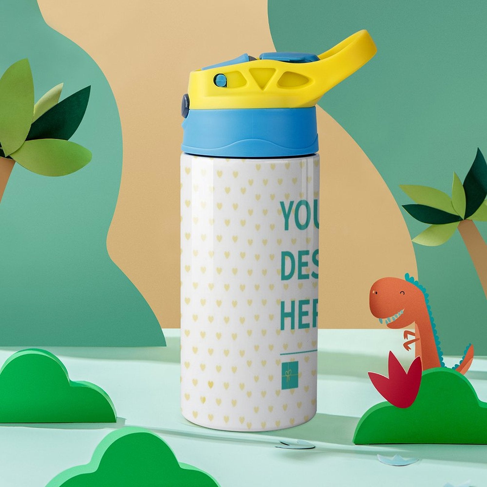 Kids' insulated water bottle with custom design. Text on bottle: YOU DESIGN HERE. Leak-proof toddler cup with straw.