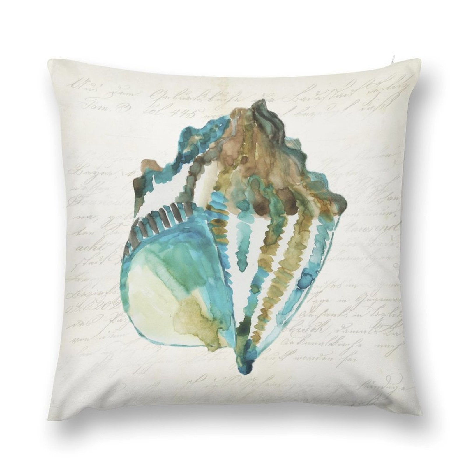 Luxury soft fluffy pillow cover with watercolor seashell design for sofa and couch. Decorative throw pillow.