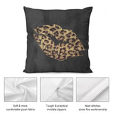 Plush pillow cover with leopard print lips design. Soft plush fabric, invisible zipper, and neat stitching.