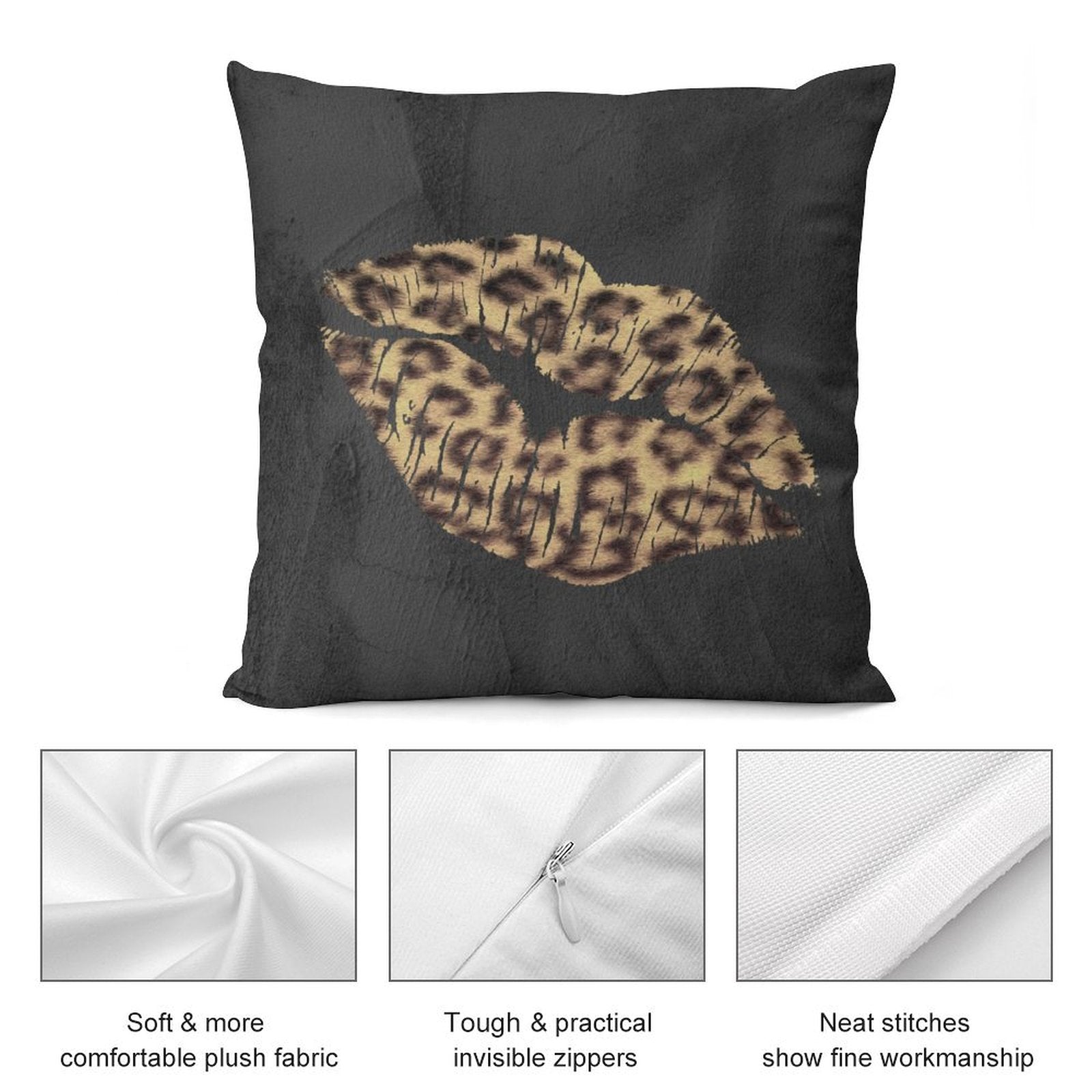 Leopard print lips throw pillow cover in short plush fabric, for sofa or couch. Soft, comfortable, with invisible zippers.