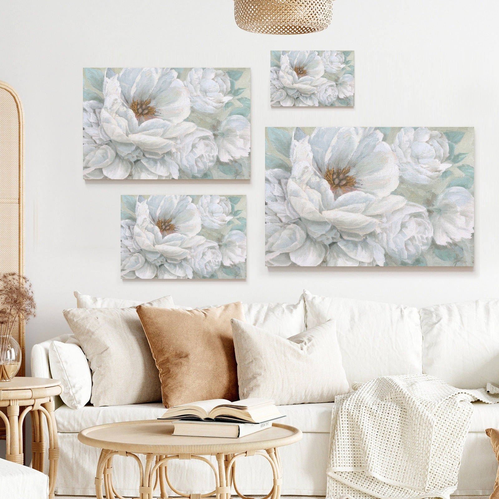 Beauty Bouquet Canvas Print set of white floral art wall decor, USA made, perfect for living rooms.