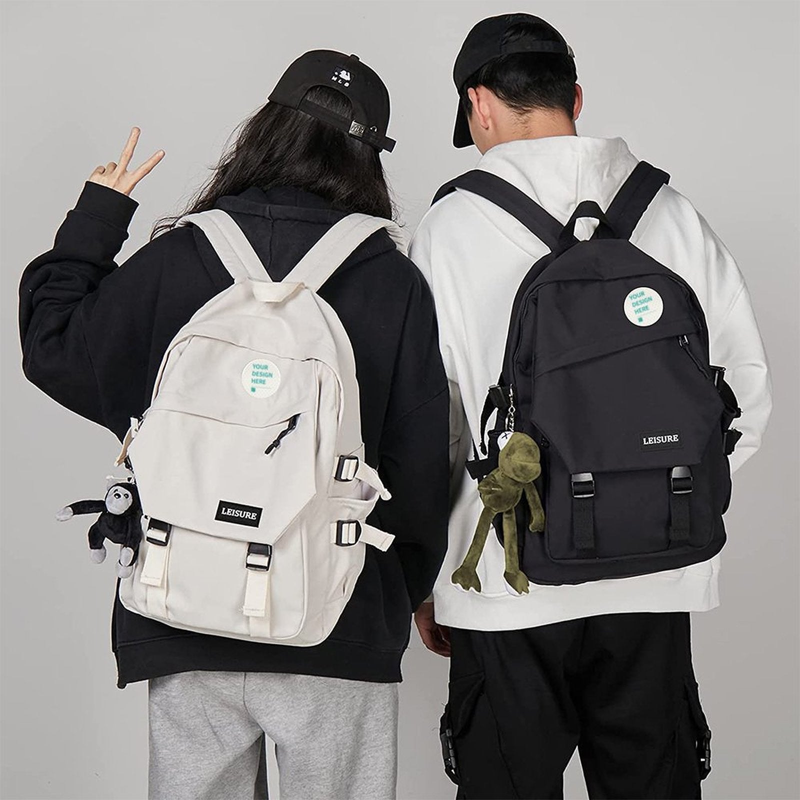 Personalized badge backpacks with 'YOUR DESIGN HERE' text, perfect gifts, durable material