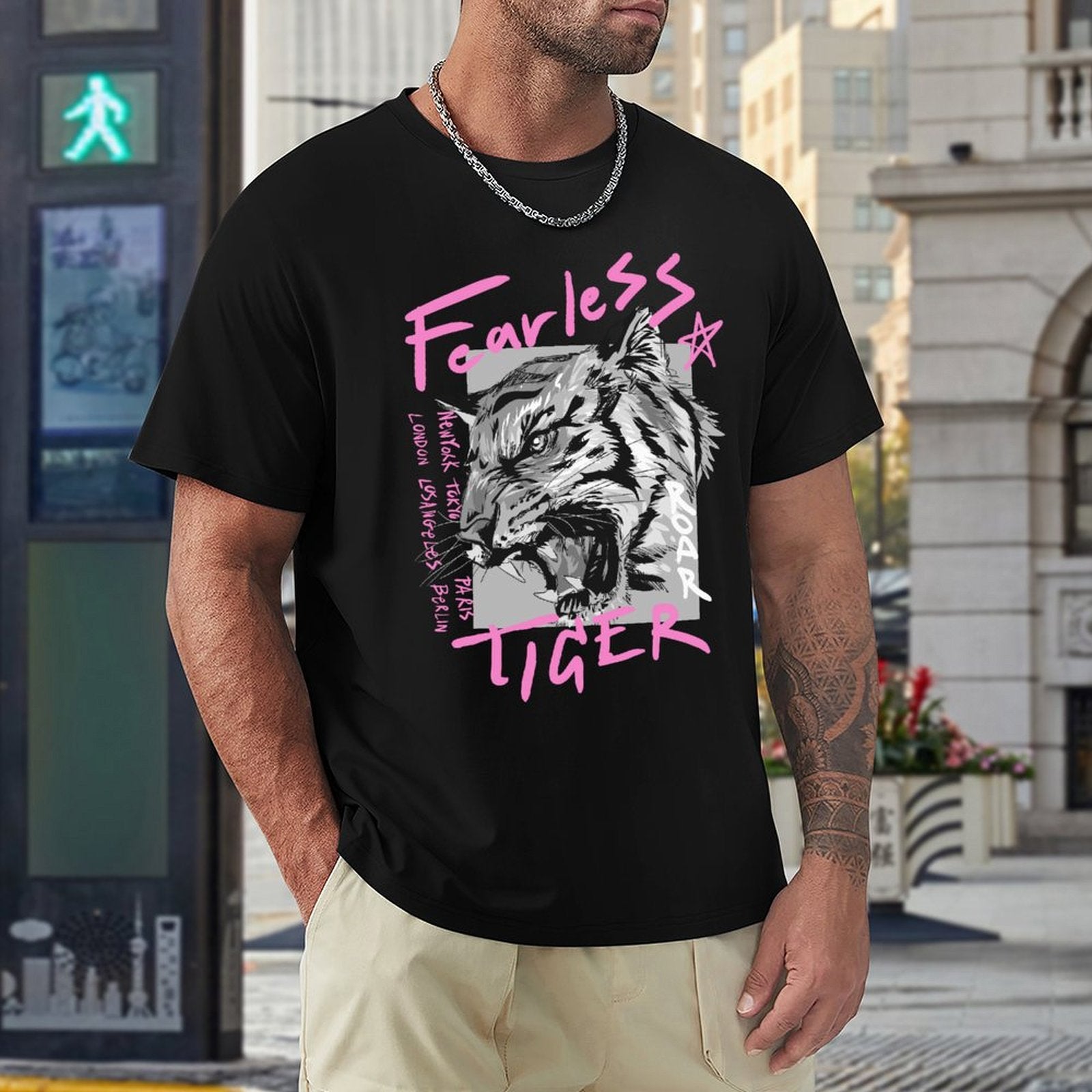 Men's black Fearless Tiger t-shirt, crew neck tee, cotton fabric, streetwear style