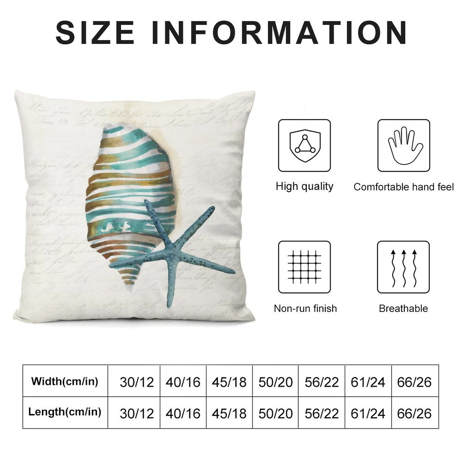 Plush throw pillow cover with seashell and starfish design, available in multiple sizes, high quality and breathable