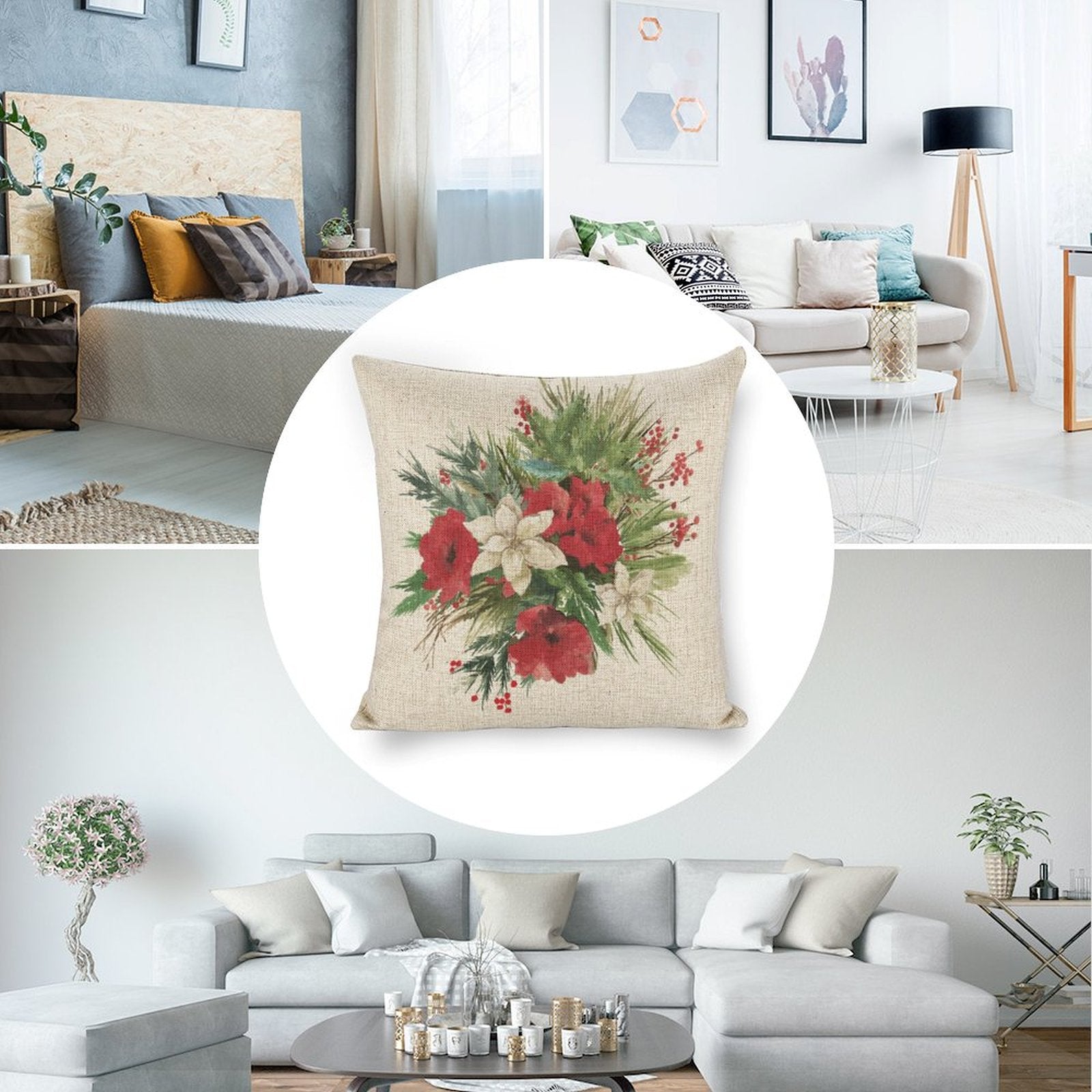 Linen Christmas pillow cover with floral design, perfect for sofa, couch, bed and car decor.