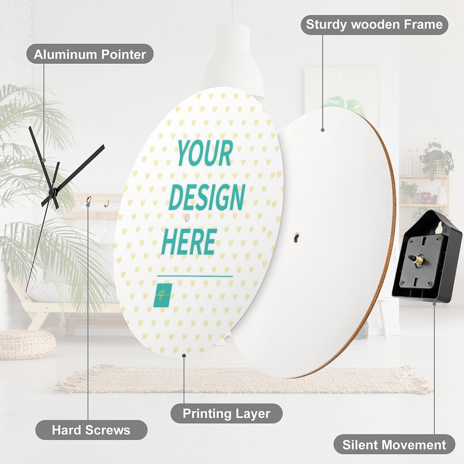 Custom wooden wall clock with 'YOUR DESIGN HERE' design, heart pattern, silent movement. Perfect housewarming gift.