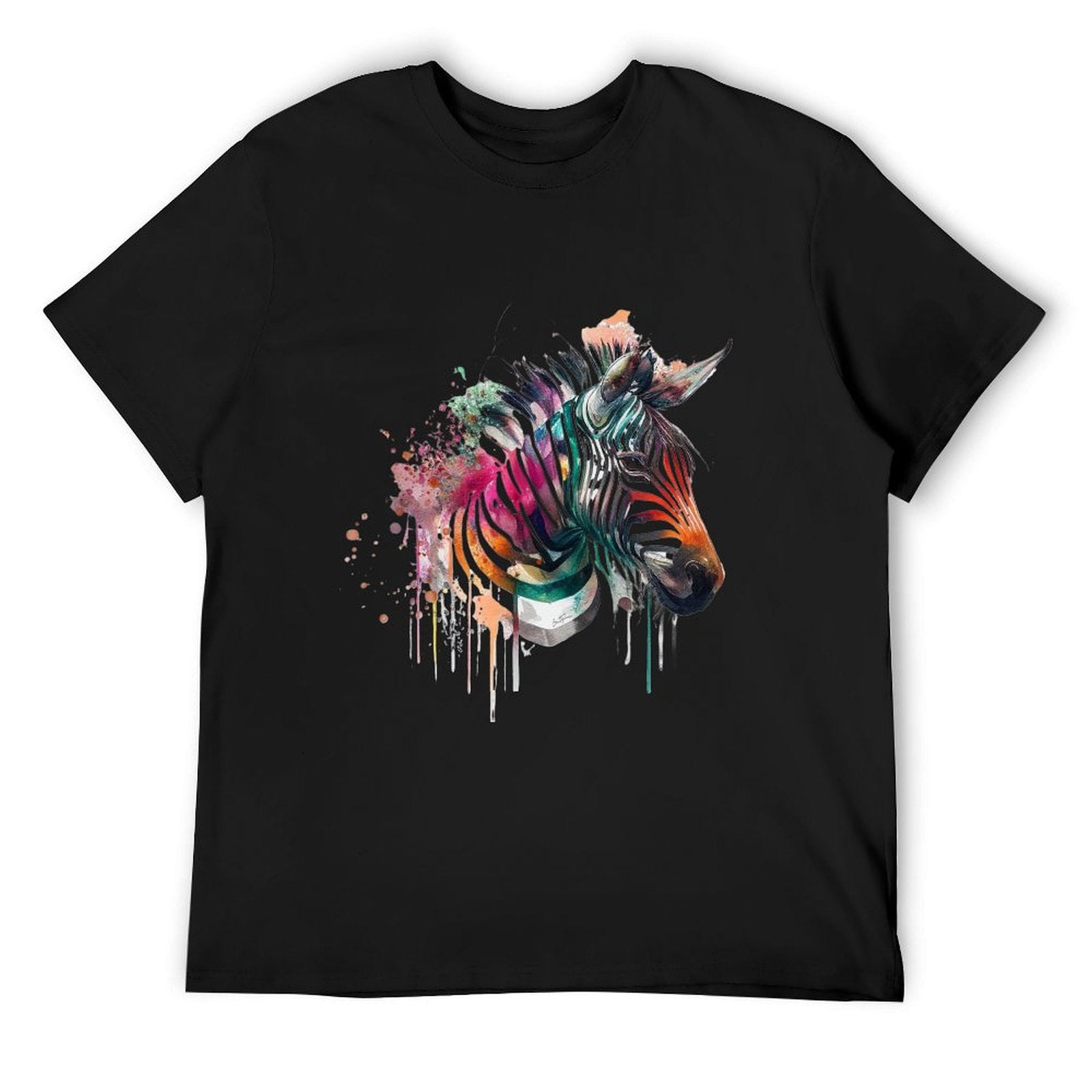 Men's black crew neck t-shirt with watercolor zebra design, comfortable cotton tee.
