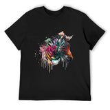 Men's black crew neck t-shirt with watercolor zebra design, comfortable cotton tee.