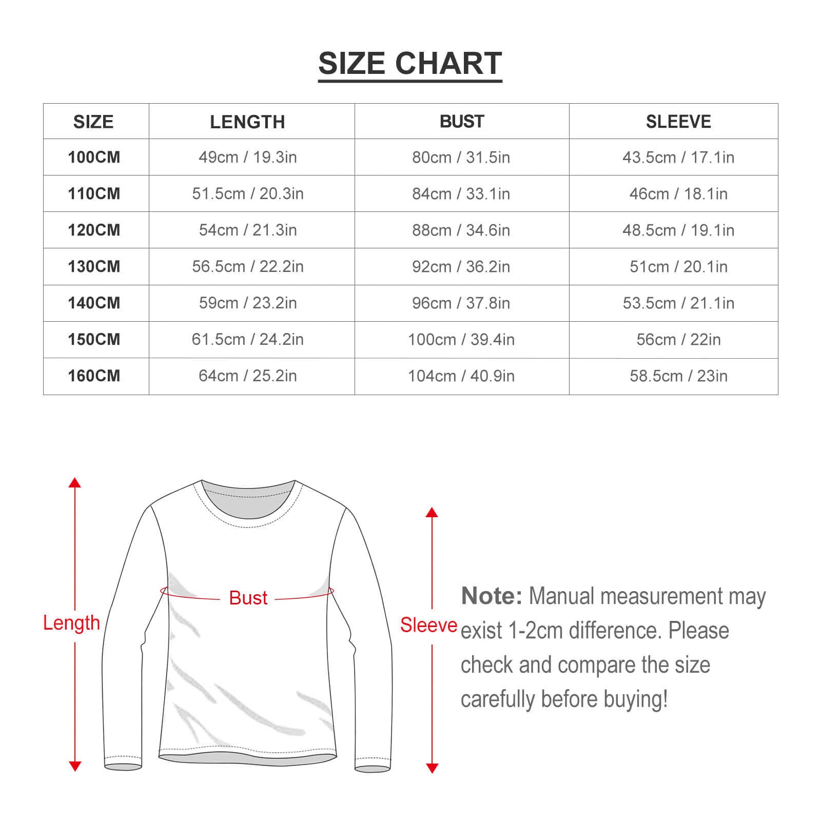 Toddler boys pajama size chart with length, bust and sleeve measurements, MyArtsyGift.com. Check the size before buying.
