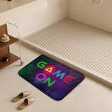 Coral velvet bath rug with neon 'GAME ON' design, non-slip bathroom floor carpet