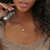 Silver cube pendant necklace with number 3. Personalized custom text chain jewelry.