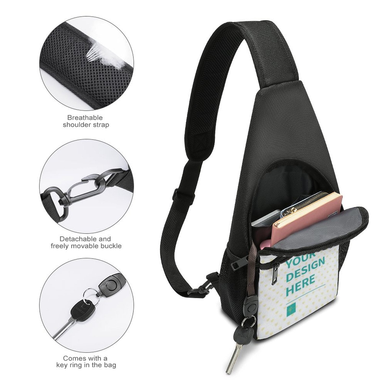 Custom sling backpack with breathable shoulder strap, detachable buckle, key ring, and personalized design area.