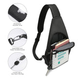 Custom sling backpack with breathable shoulder strap, detachable buckle, key ring, and personalized design area.