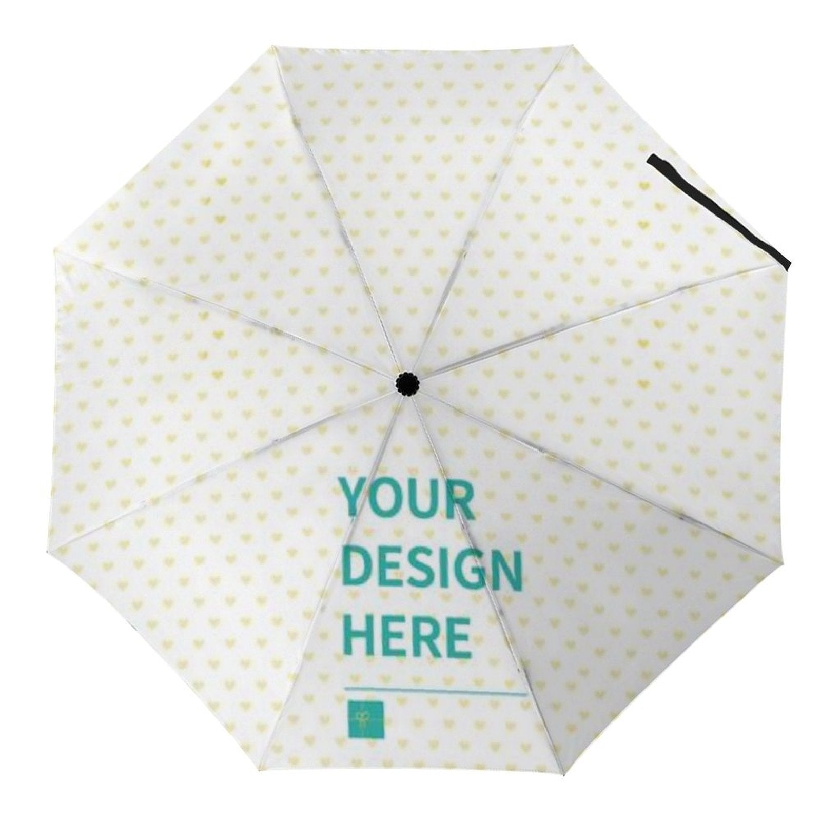 Custom umbrella with heart pattern and the text 'Your Design Here'. A perfect, personalized gift for men and women.