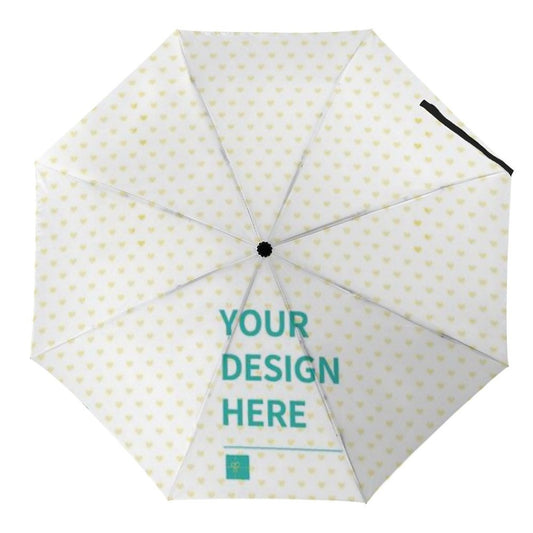 Custom umbrella with heart pattern and the text 'Your Design Here'. A perfect, personalized gift for men and women.