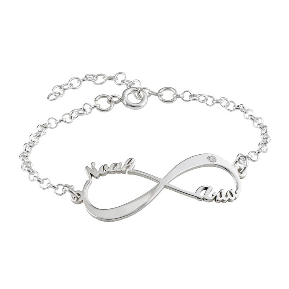 Personalized Silver Infinity Bracelet with Names Noah and Aria - Custom Jewelry Gift