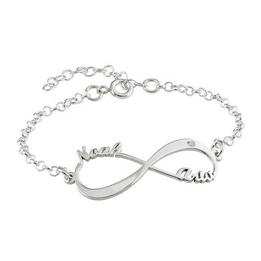 Personalized Silver Infinity Bracelet with Names Noah and Aria - Custom Jewelry Gift