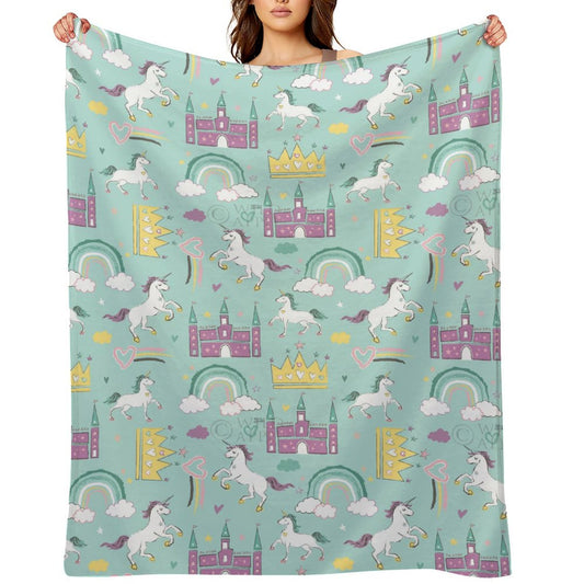 Rainbow Dream Fleece Blanket, featuring unicorns, castles, and rainbows. Soft, cozy, and warm for bed, sofa, or travel.