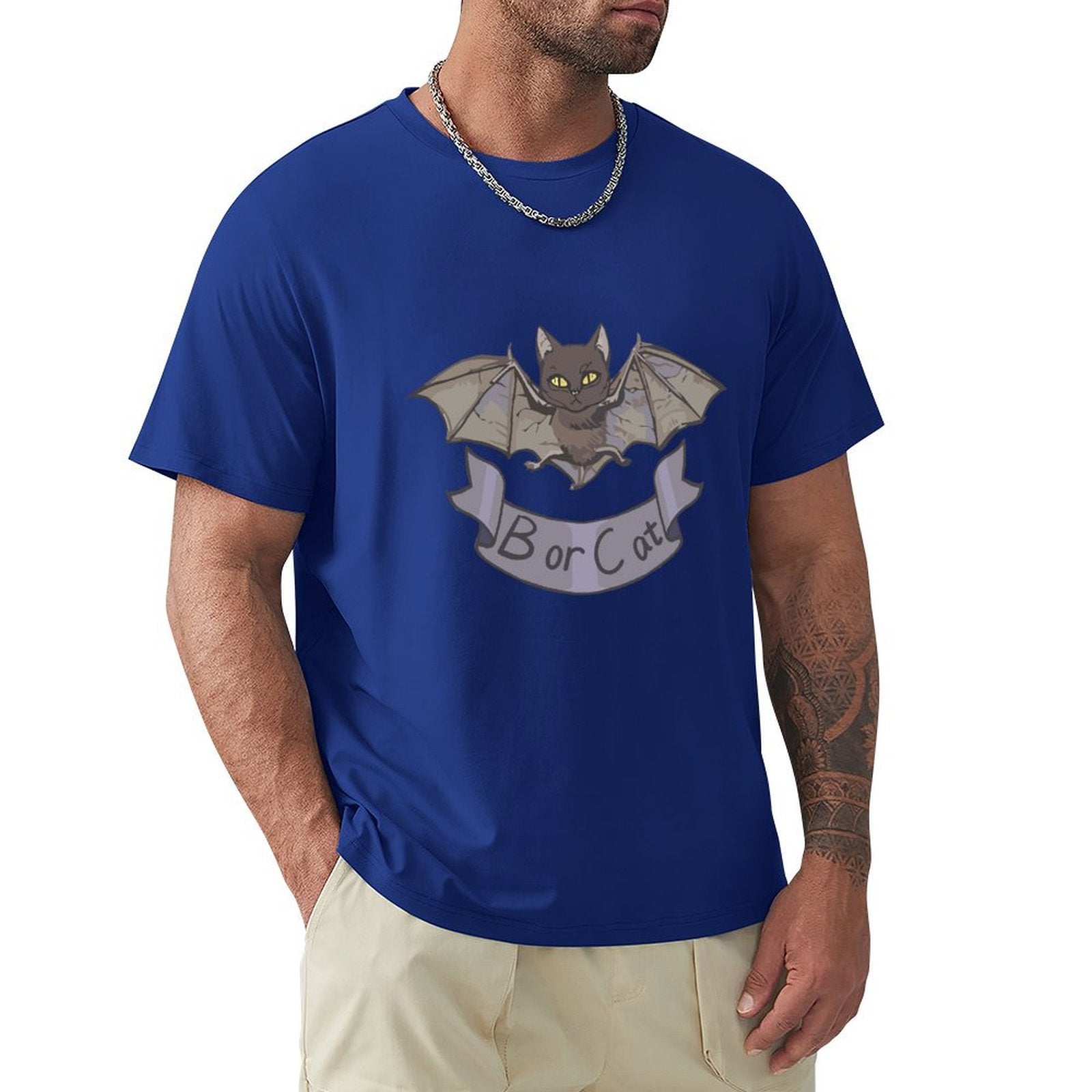 Men's blue short sleeve crew neck t-shirt with Bor or Cat bat-cat design, MyArtsyGift.
