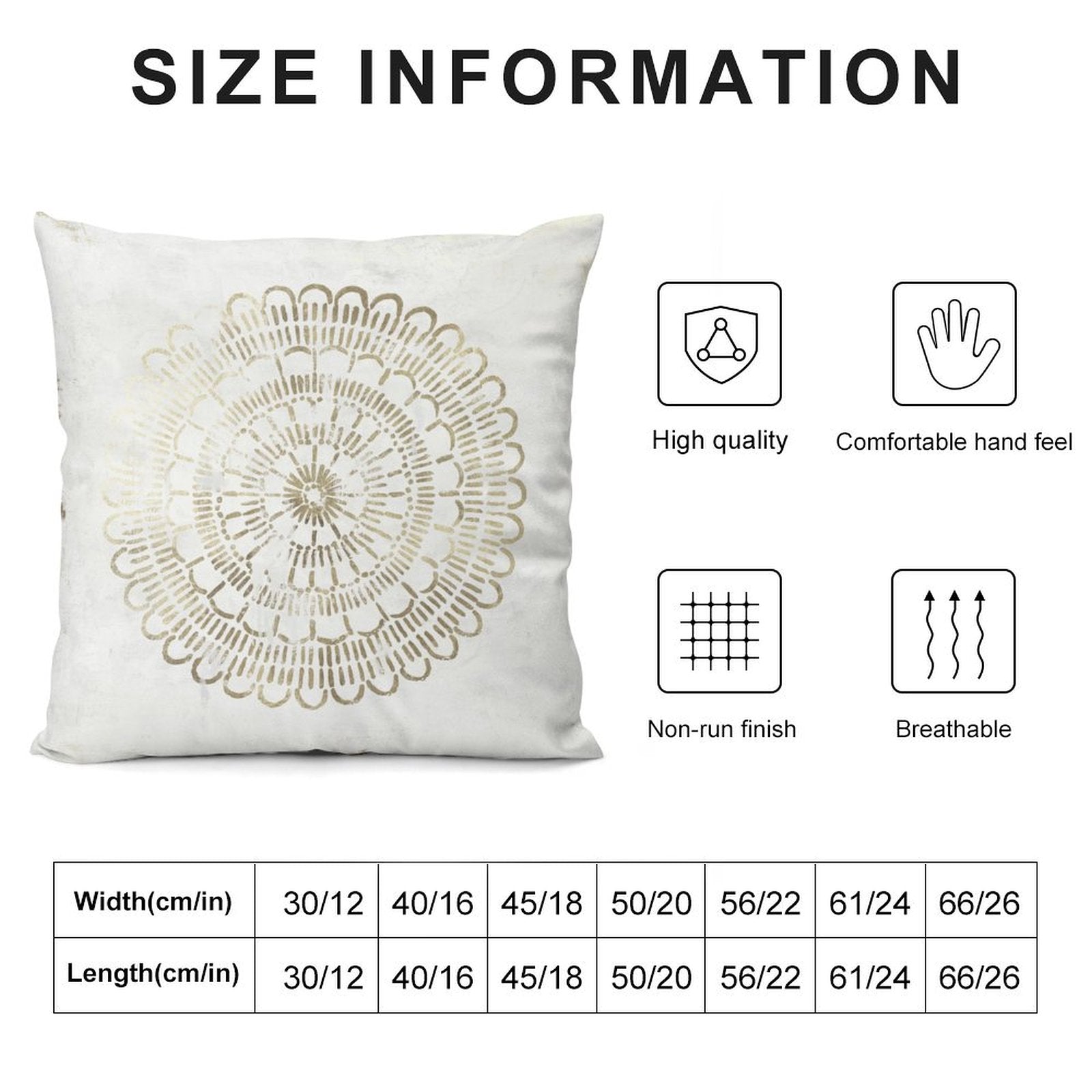 White plush throw pillow cover with mandala design; soft and decorative for sofa, couch or living room; with size information