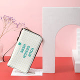 Custom long wallet with heart pattern, PU leather, zipper closure, and wrist strap, with 'YOUR DESIGN HERE' message.