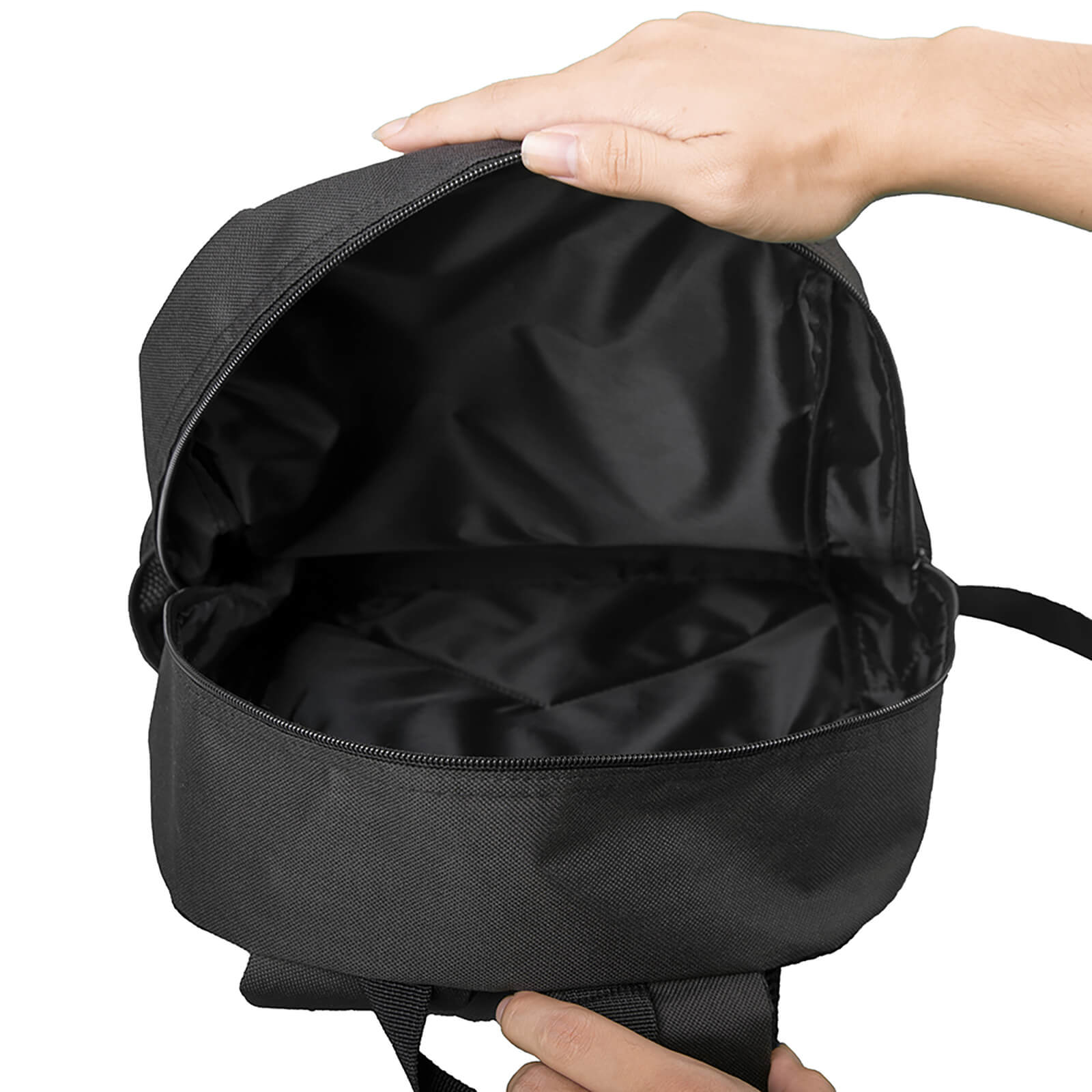Black polyester school backpack with open zipper, showcasing the spacious interior