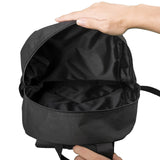Black polyester school backpack with open zipper, showcasing the spacious interior