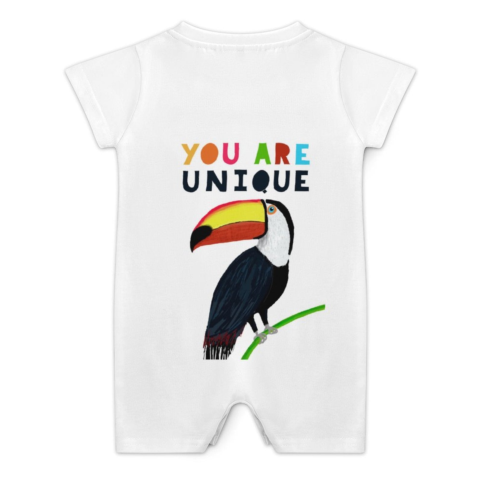Soft cotton baby bodysuit with toucan and "YOU ARE UNIQUE" text, newborn romper