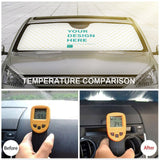 Custom car sunshade lowering car temperature, showing Before/After comparison. Personalized car window sunshade design.